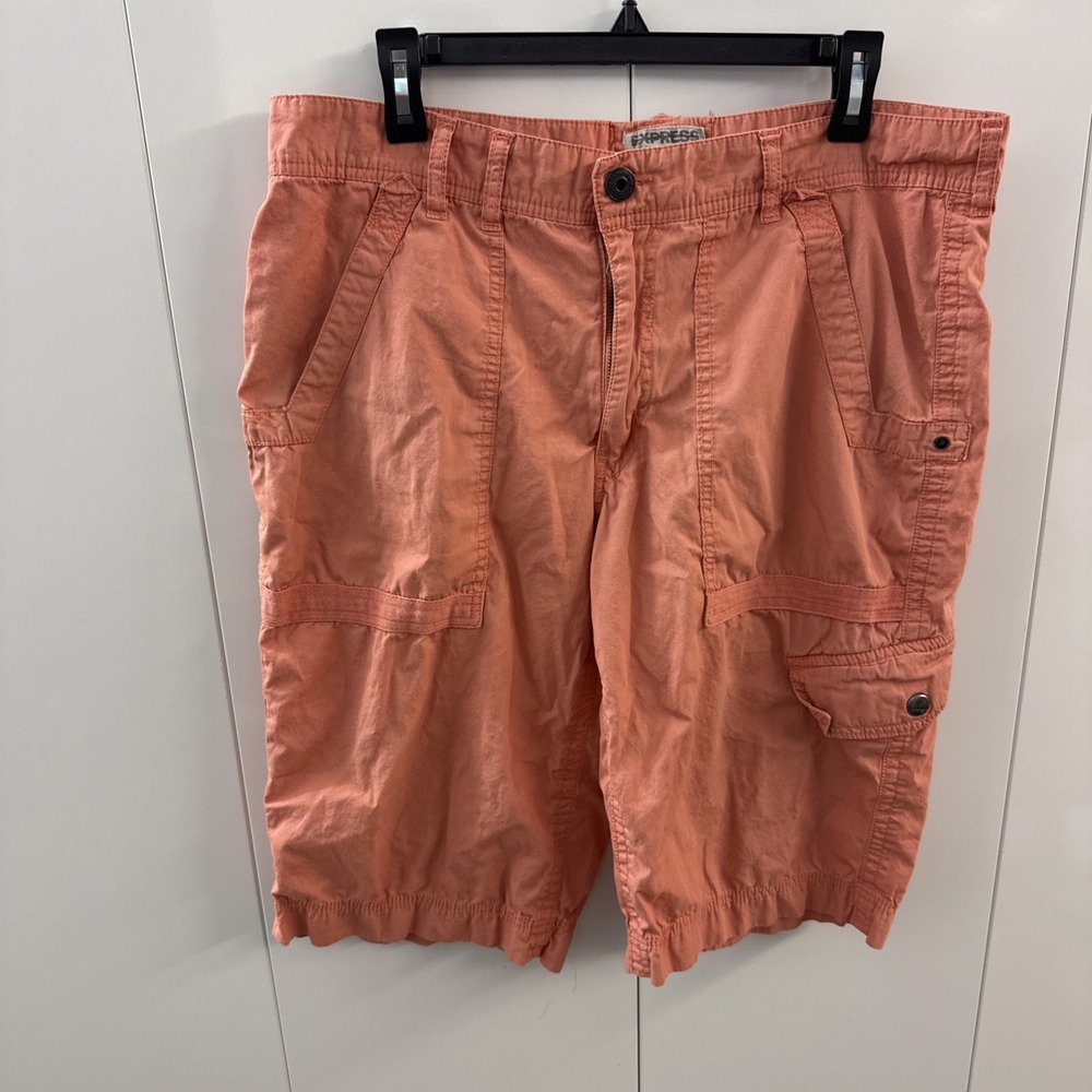 Express Mens 326 Coral Salmon Cotton Cargo Shorts Twill Preppy Casual Read